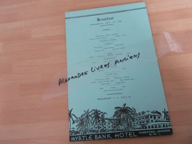 Menu Restaurant Myrtle Bank Hotel Kingston Jamaica Jamaica 1948