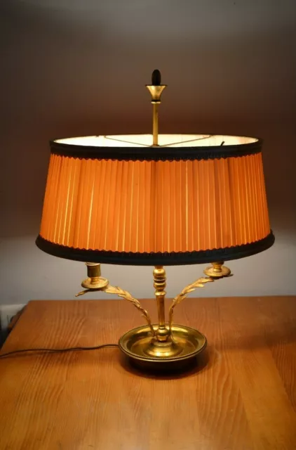 LAMPE BOUILLOTTE ancienne BRONZE DORE 2 Feux Abat Jour TISSU Luminaire Lamp