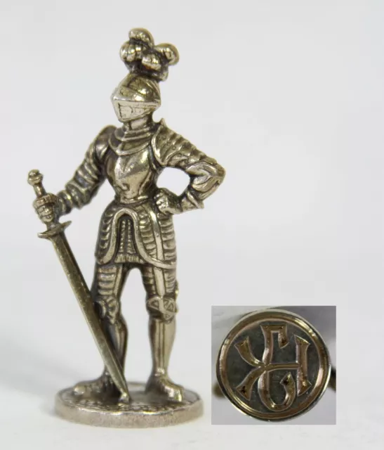 antique silver Wax Seal stamp, statue Armoured Knight, name initials J.K. / K.J.