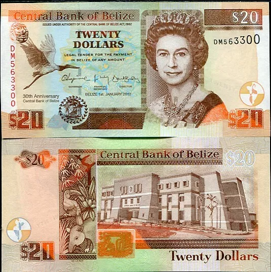 Belize 20 Dollars 2012 P 72 Comm. 30th QE II P 72 UNC