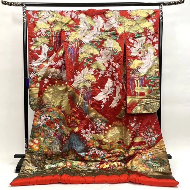Japanese Kimono Uchikake Luxurious Wedding Embroidery Pure Silk Red Crane K616