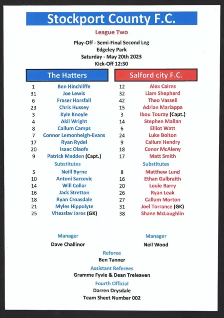 STOCKPORT COUNTY v SALFORD CITY  20.05.23 LEAGUE TWO PLAY-OFF SEMI-FINAL T/SHEET