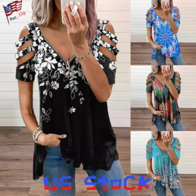 Womens Floral Zipper Cold Shoulder T-shirt Ladies Short Sleeve Blouse Tunic Tops