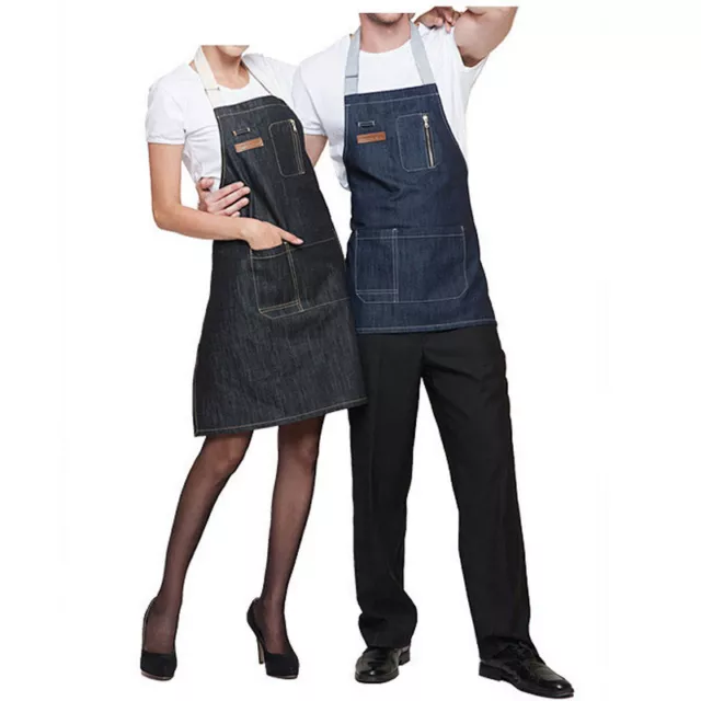 Woman Men Denim Bib Apron Strap Barista Baker Cook Bartender Chef Work Uniform