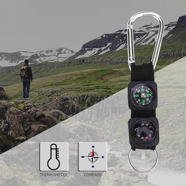 3 in 1 Keychain Compass Thermometer Black Mini Compass for Mountaineering Hiking