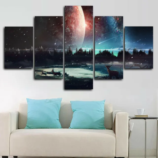 Galaxy Stars Universe Space Deer 5 Panel Canvas Print Wall Art Poster Home Decor