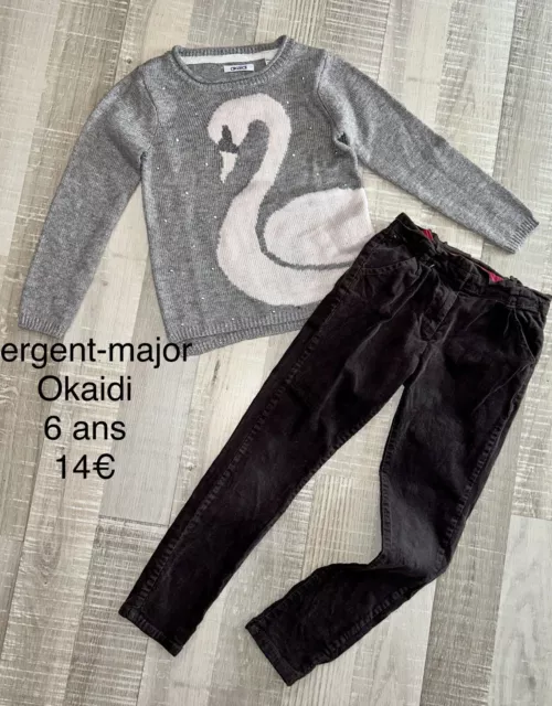 OKAIDI SERGENT MAJOR 6 Ans Fille : Pantalon Velours + Pull Cygne