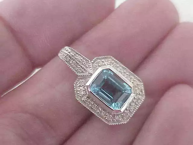 14K White Gold Pave Diamond Halo Blue Topaz Pendant .23 Ct Diamonds