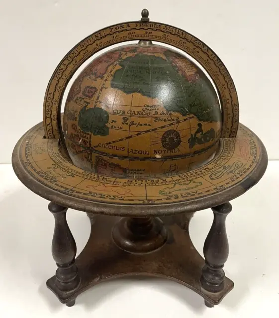 Vintage Wood Zodiac World Globe Astrology Zona Signs Desk Top Made In Italy