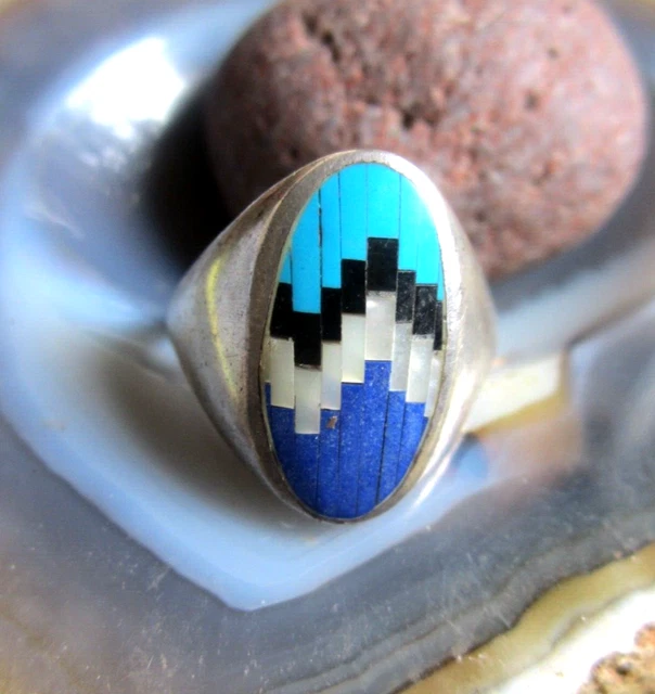 rare zuni indian ring silver 925 multistone inlay mosaic unique 6g 20mm