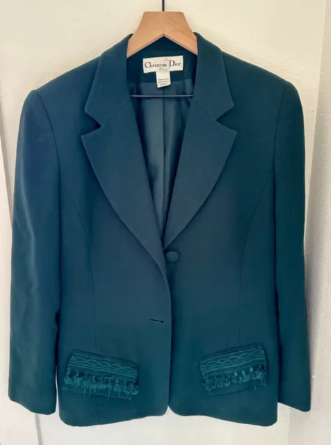 Vintage Christian Dior Emerald 100% Wool Blazer Womens Large Size 12 Made in USA