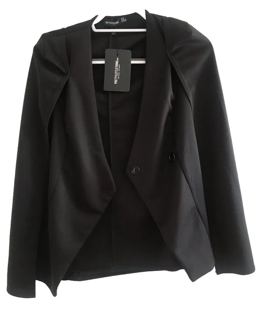 Blazer mantello anteriore PrettyLittleThing donna nero con bottoni taglia 10 nuovo con etichette G44