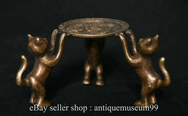 2.8" Antique Old Chinese Bronze Dynasty 3 Animal Cat Candle Holder Candlestick