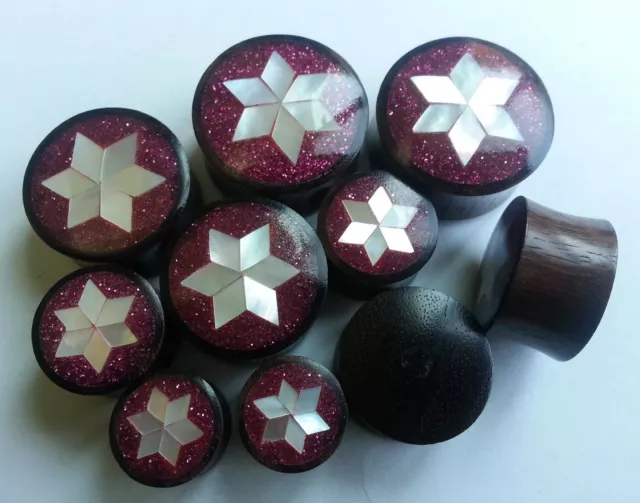 1 Pair Star MOP Shell Hot Pink Metallic Glitter Sono Wood Saddle Ear Plugs Gauge