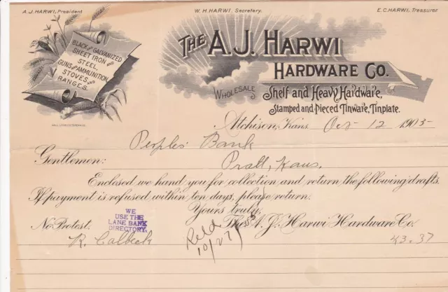 U.S. The A.J. HARWI Hardware Co. Kans. 1905 Lane Bank Slogan Invoice Ref 44012