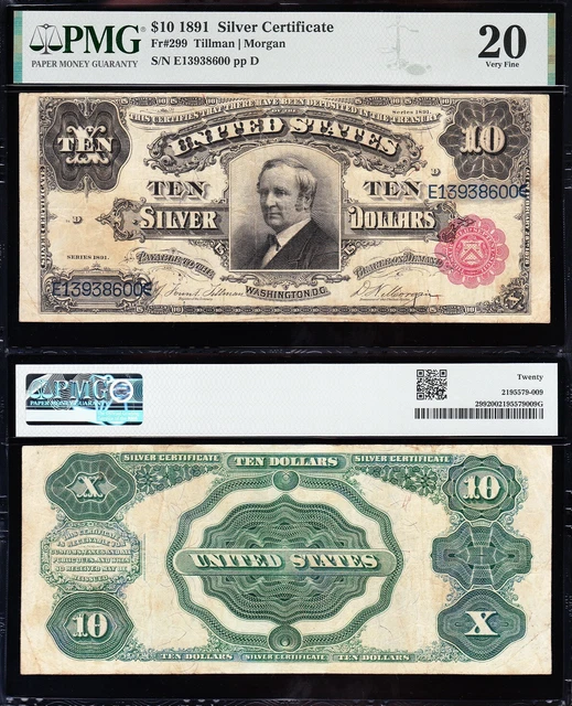 Amazing RARE Bold & Crisp VF 1891 $10 "TOMBSTONE" Silver Certificate! PMG 20!