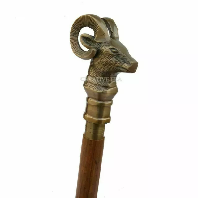 Antique Brass Goat Head Handle Victorian Style Wooden Walking Stick Vintage Cane