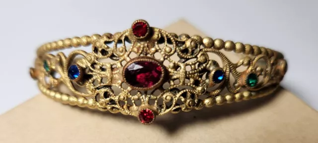 STUNNING! Antique Austro Hungarian Gilt Filigree Czech Glass Bangle Bracelet