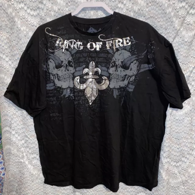 RING OF FIRE Men's Black Metallic T-Shirt FLEUR DE LIS SKELETON Graphic XXL