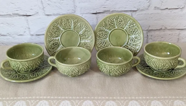 Vintage NEW Bordalo Pinheiro Light Green Cabbage Leaf Cups & Saucers (4)