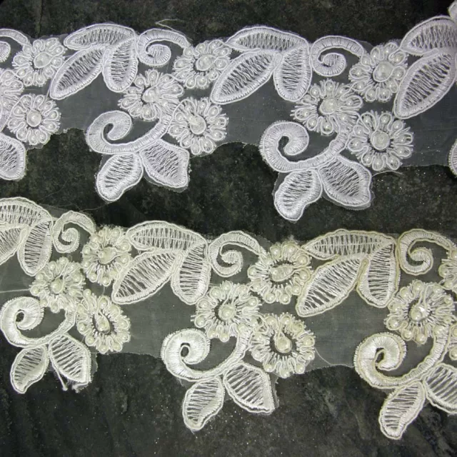 Lace,  Ivory or White Beaded, Bridal Wedding Trim Trimmings 80mm Width , 1m