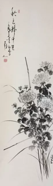 G0791 Japonés Vintage Colgante Rollo Kakejiku Mano Pintura Papel Flor Singed