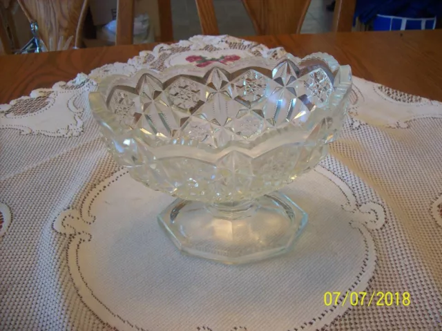 ABP Vintage Glass Ornate Sawtooth Diamond Cut Pedestal Compote Signed Press Cut