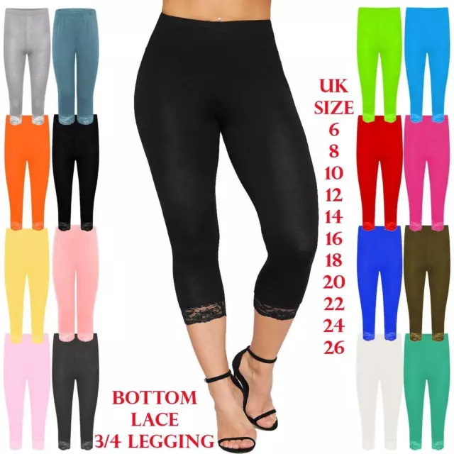 Womens Lace Trim Cotton Stretchy 3/4 Length Capri Jegging cropped Leggings Pants