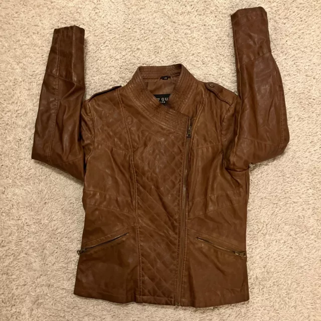 GUESS Los Angeles Women's Faux Leather Moto Jacket Chocolate Brown Size Large