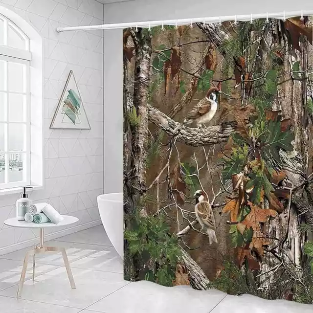 Camo Forest Bird Extra Long Fabric Shower Curtain Waterproof Bathroom Decor