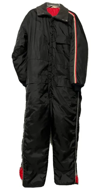 VTG Sno King Ski Suit 1 Piece Black Striped Insulated Corduroy Trim Need Repairs