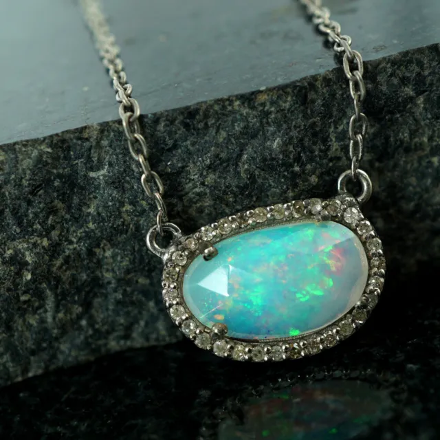 Opal Gemstone Pendant Necklace 925 Sterling Silver Pave Diamond Handmade Jewelry