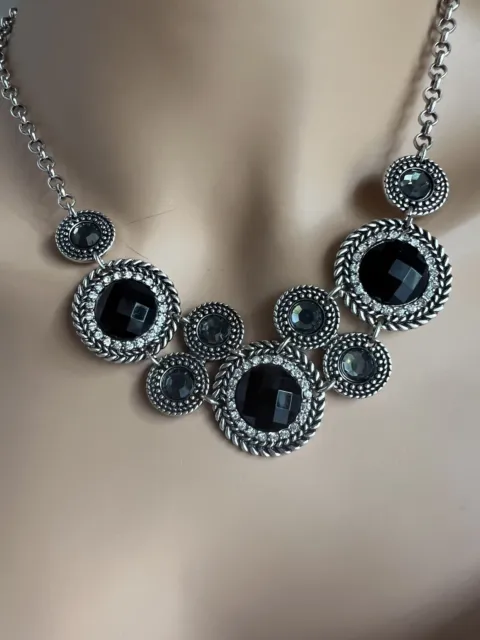Vintage Silver-tone Chain with Black Faceted Bubble Tile Bib Choker Necklace 19"