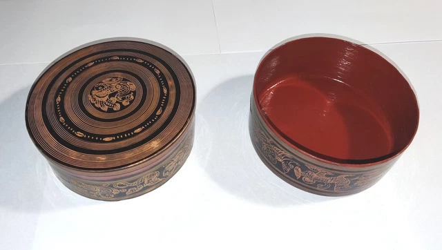 Vintage Hand Painted Burmese Myanmar Lacquer Betel Box Storage Container 3