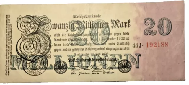 Deutsches Reich 20 Millionen Mark 1923  Papiergeld Banknoten Geldschein echt