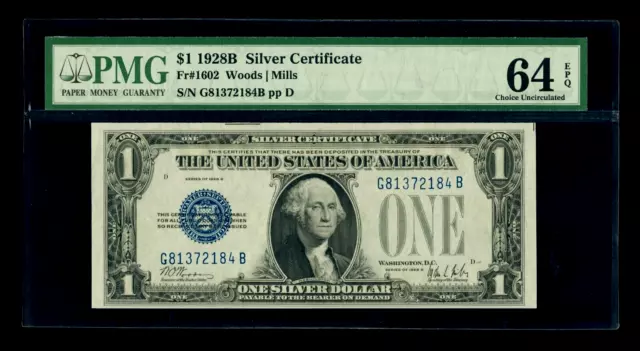 $1 - 1928B - Fr-1602 - Silver Certificate - PMG Graded 64 Choice UNC EPQ