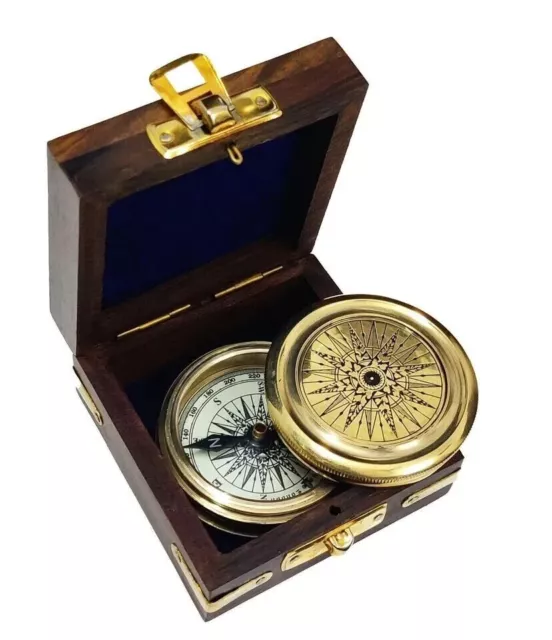 Antique Brass Poem Compass with Wooden Box Nautical Vintage Collectible & Gift