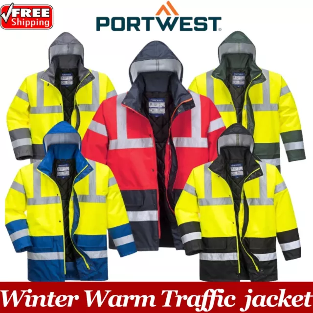 Portwest Hi Vis Contrast Traffic Jacket Lined Padded Hooded Waterproof Coat