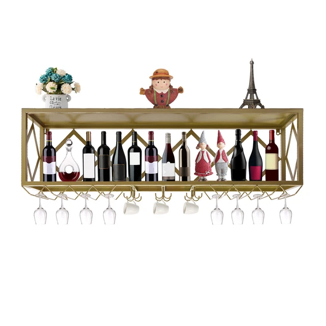Gold / Black Wine Racks Wall Mounted with Glass Bottle Holder 2-Tiers 120cm