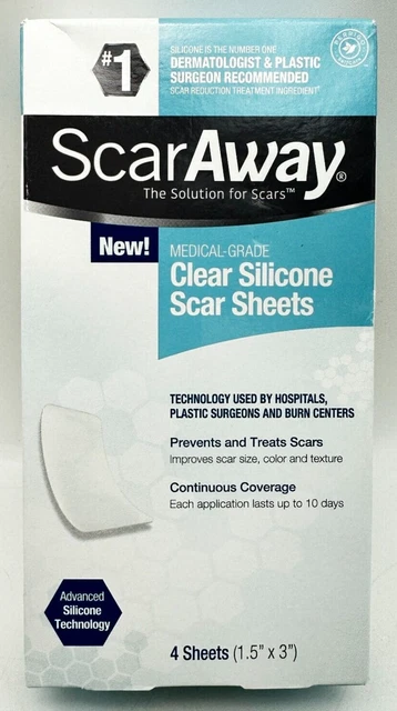 Scar Away Clear Silicone Scar Sheets Pack of 4 Inside Size 1.5" x 3" Box NEW