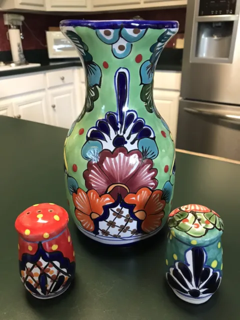 Mexican Talavera Pottery Vase And Salt & Pepper Shaker Set Colorful Folk Art