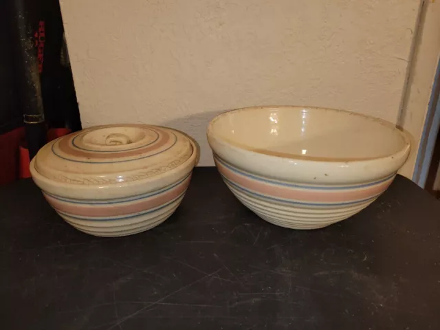 2 McCoy Mixing Bowls Pink & Blue Stripes Stoneware USA Vintage