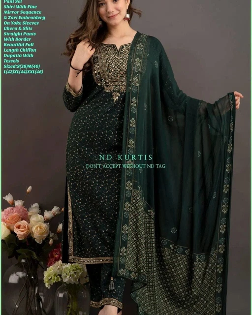 Indian Women Green Straight Heavy Embroidery Work Kurti Pant & Dupatta Dress Set