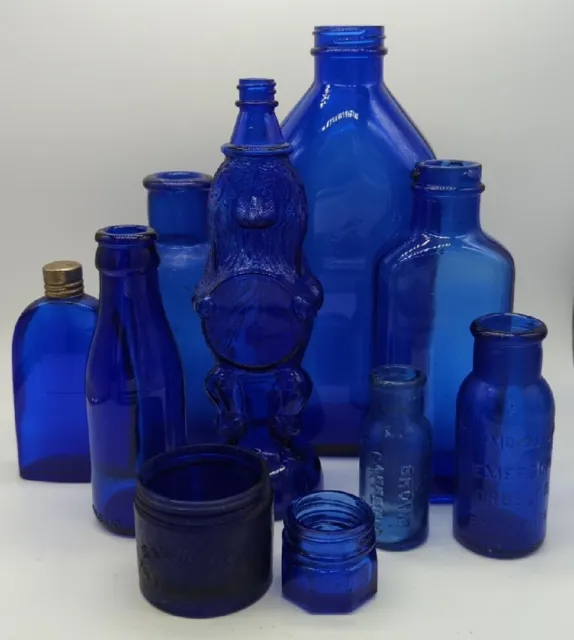 Lot 10 Cobalt Blue Bromo Cedin Seltzer Salva-Cea Medicine Bottles Jar Nice Color