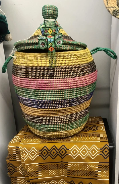 Vintage 29"X16" Large Straw Handmade Senegal West African Coil Multicolor Basket