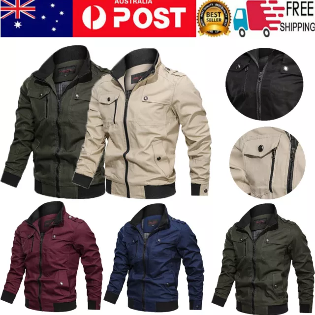 Men Winter Warm Casual Military Cargo Jacket Zip Up Coat Outwear Overcoat Tops