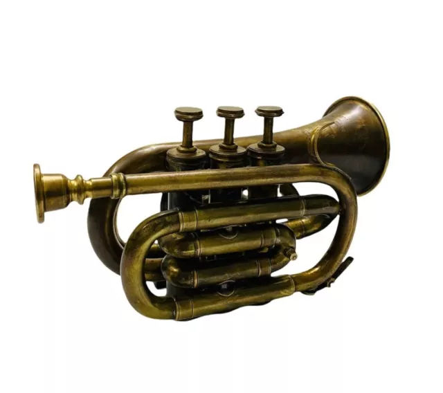 Vintage Brass Trumpet Pocket Bugle Horn 3 Value Mouthpiece For Christmas Gift