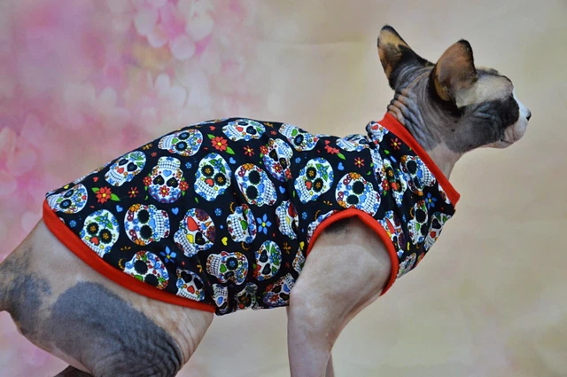 Abito di Halloween t-shirt per gatti Sphynx teschi nero e rosso grande