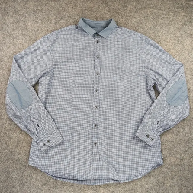 Armani Collezioni Shirt Mens 2XL XXL Blue Check Button Long Sleeve Elbow Patches