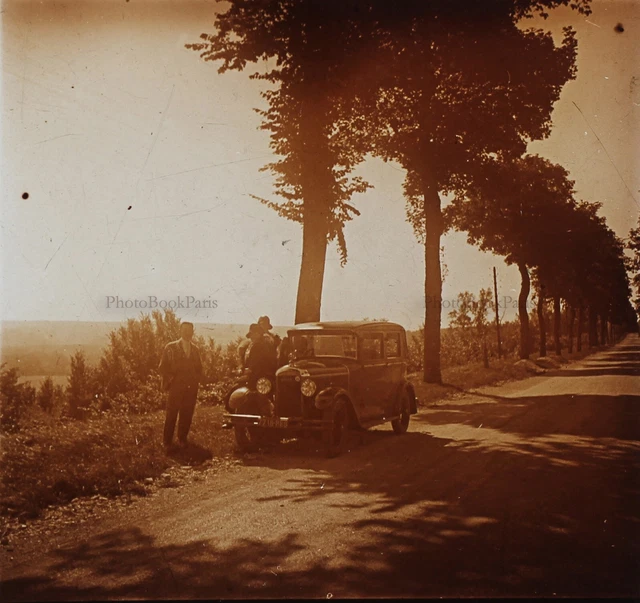 France En route voiture ancienne Photo Stereo Plaque de verre Vintage c1930